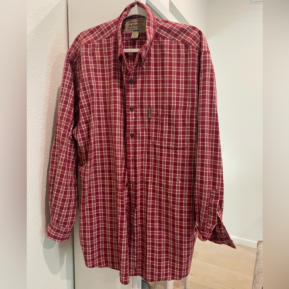 Abercrombie and Fitch Mens Plaid Shirt Red White Stripes XL Original Big Shirt